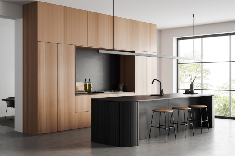 Stylish kitchen interior with bar island and stool, side view on grey concrete floor. Kitchenware and decoration, cooking area with panoramic window on tropics. 3D rendering