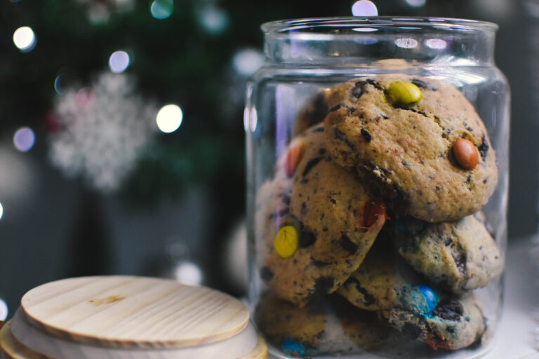 M&M Chocolate Chip Cookies in a Glass Jar