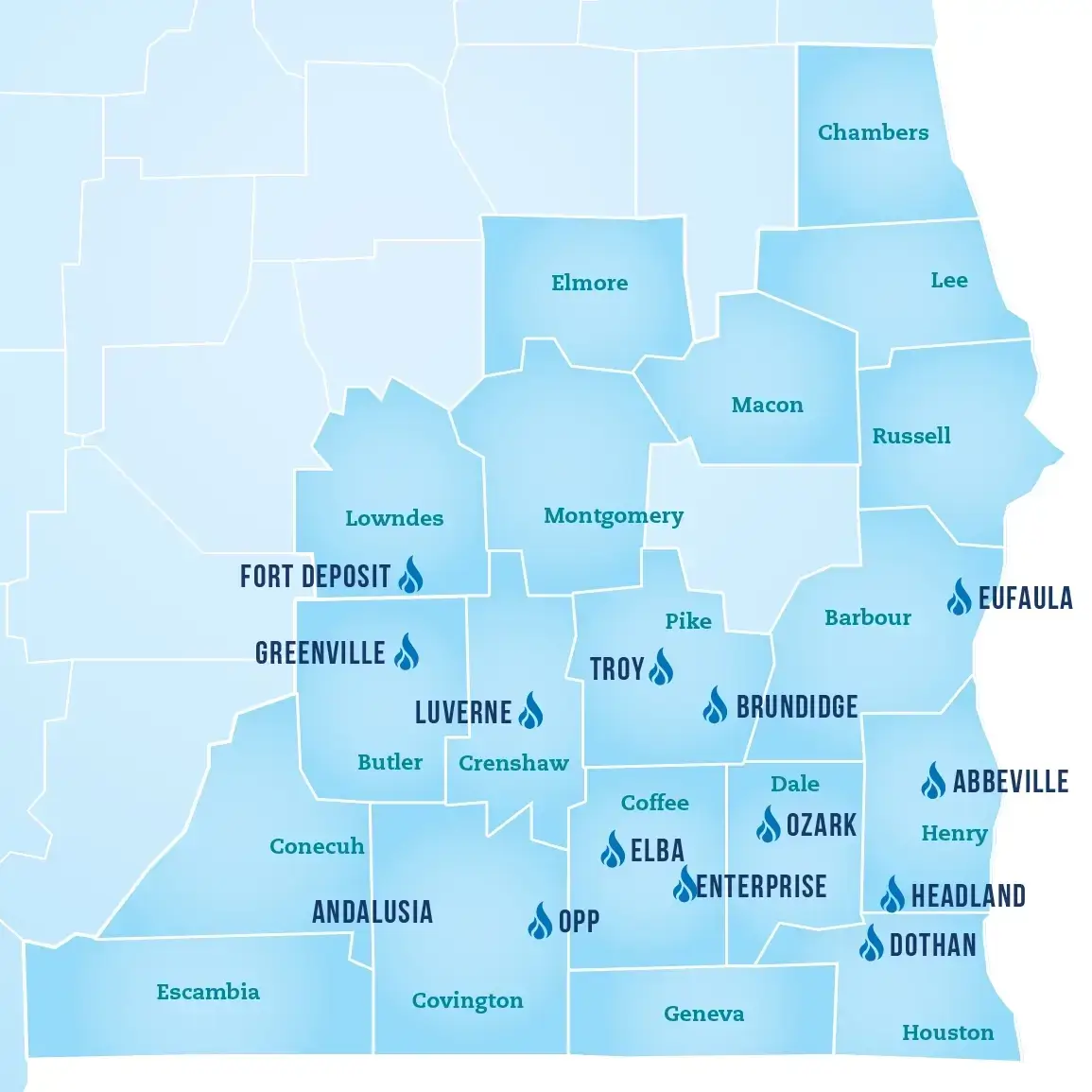 Map of Southeast Alabama counties divided into north and south subregions, showing the service area of Southeast Gas.