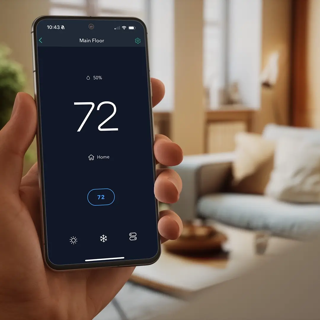 Hand holding smartphone showing smart thermostat set to 72 degrees.